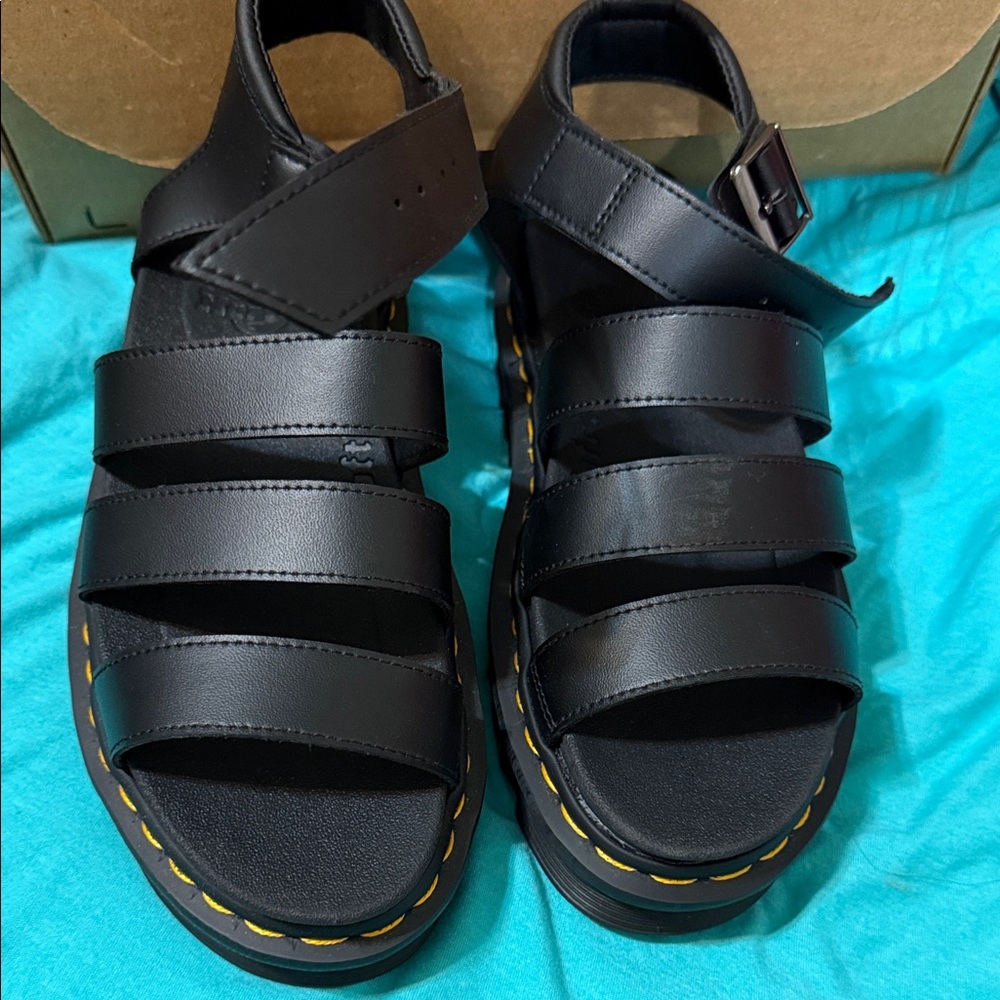 Dr. Martens Black Strappy Sandals with Yellow Accents